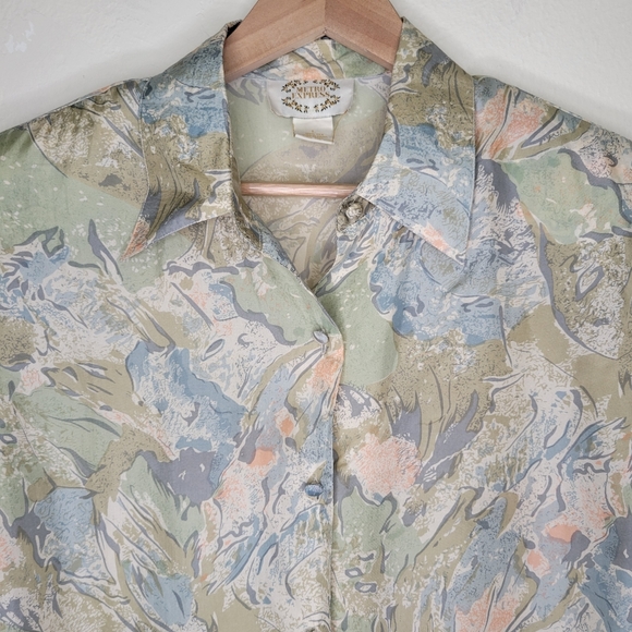 Metro Express 100% Silk Flowey Button Short Sleeve Top, Size L - Picture 3 of 10